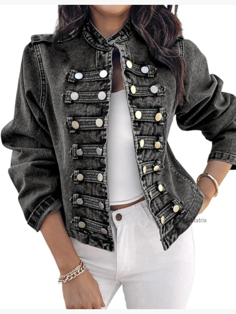 Denim Jacket For Women Button Up Stand Collar Casual Long Sleeve Lightweight